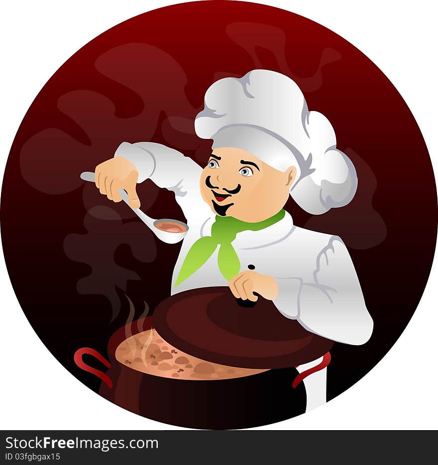 A cook prepares food on a dark background. A cook prepares food on a dark background