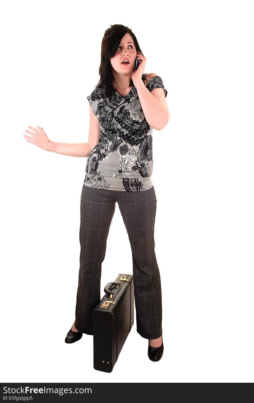 A young business woman with a briefcase and a cell phone in her hand, in slakes and blouse, for white background. A young business woman with a briefcase and a cell phone in her hand, in slakes and blouse, for white background.