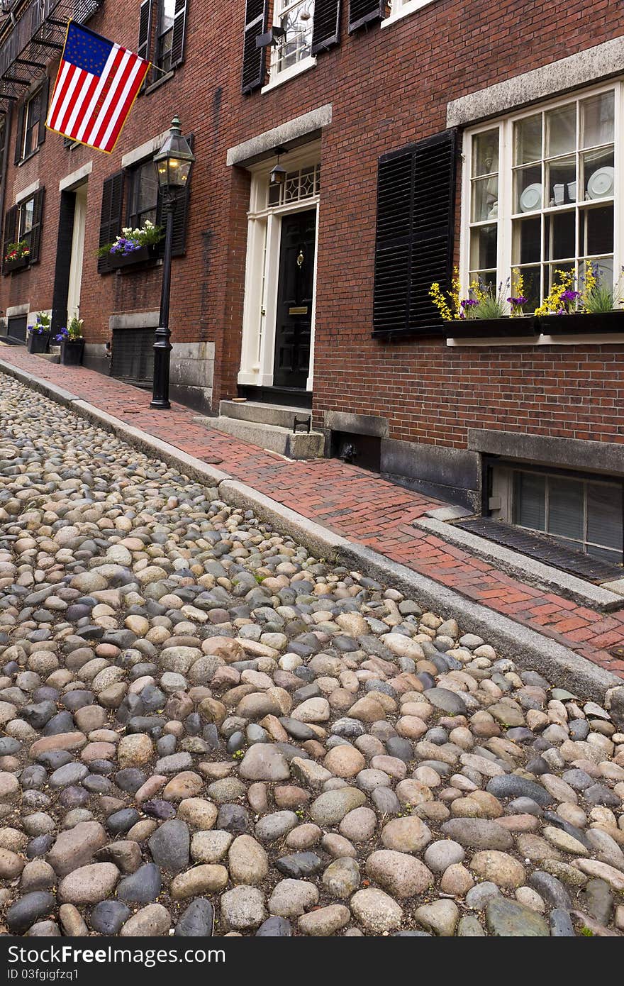 Close up view of Acorn Street in Boston, Massachusetts - USA.