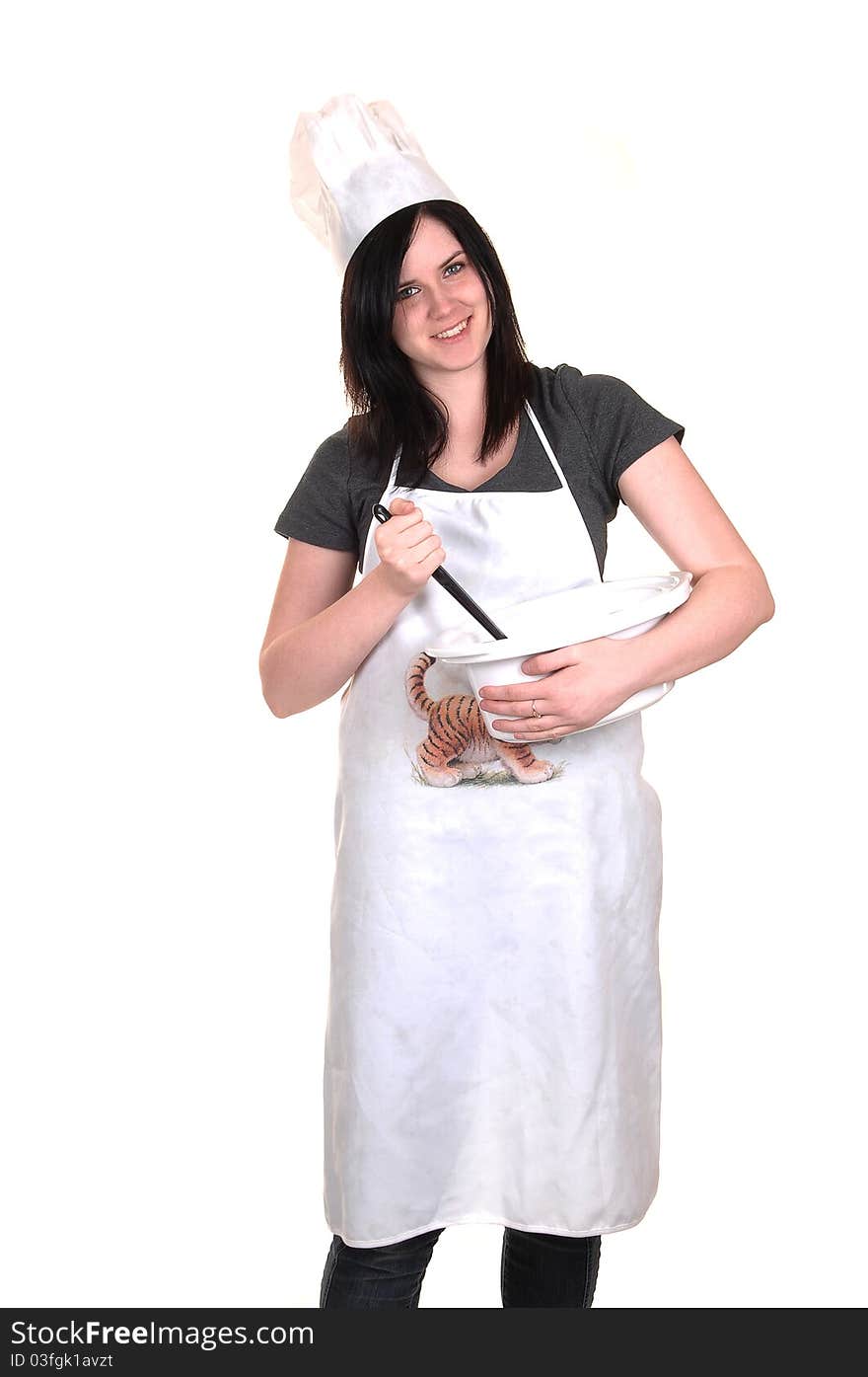 A pretty young woman, holding a cook pot, standing with an apron, 
black hair and a cook hat for white background. A pretty young woman, holding a cook pot, standing with an apron, 
black hair and a cook hat for white background.