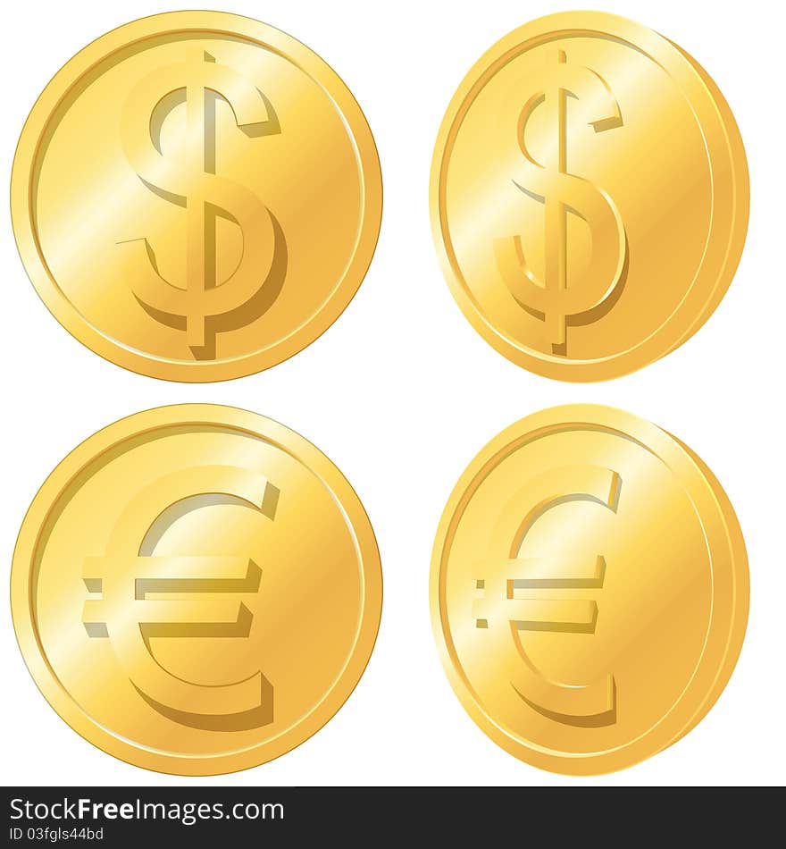 Gold coins. Euro and dollar.