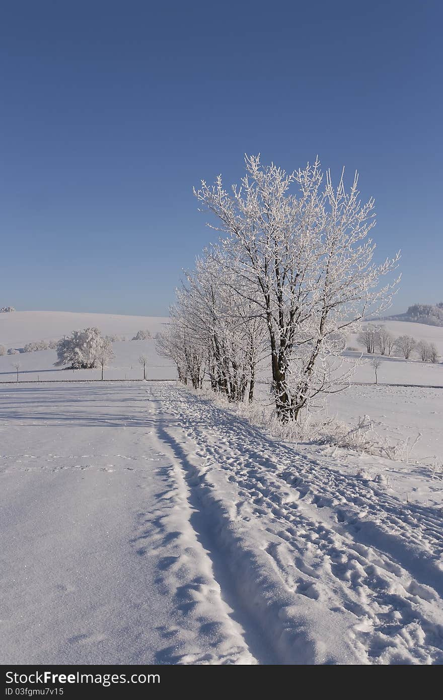 View of the snowy landscape and small town Kraliky on the border of Poland and the Czech Republic (Eastern Europe)