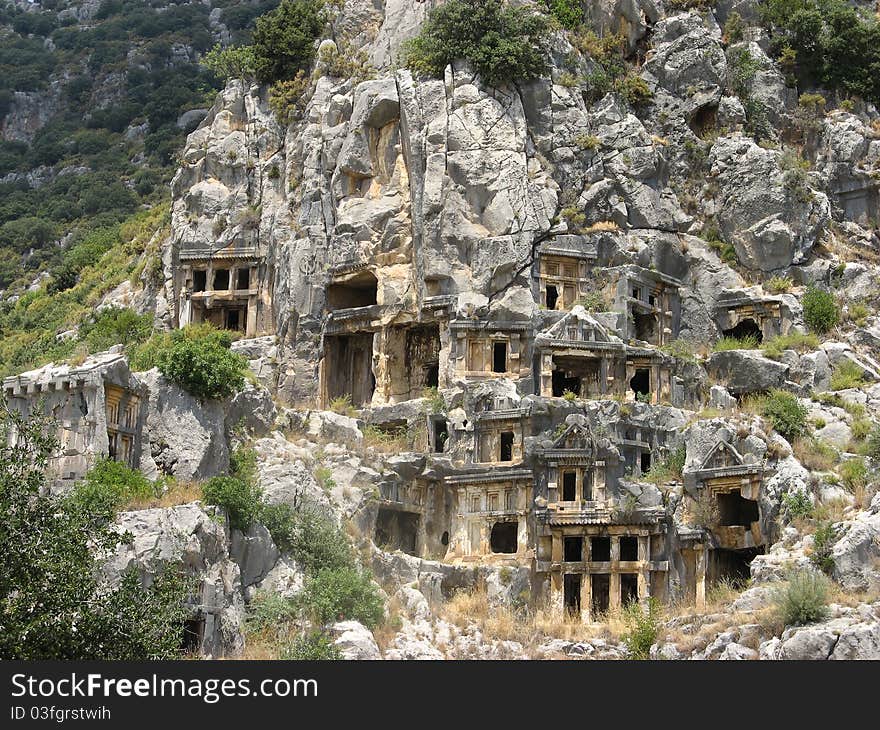 Lycian rock tombs in the town of Mira, Turkey