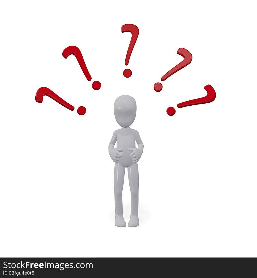 Three-dimensional person thinks about an issue. Questions over his head. Three-dimensional person thinks about an issue. Questions over his head