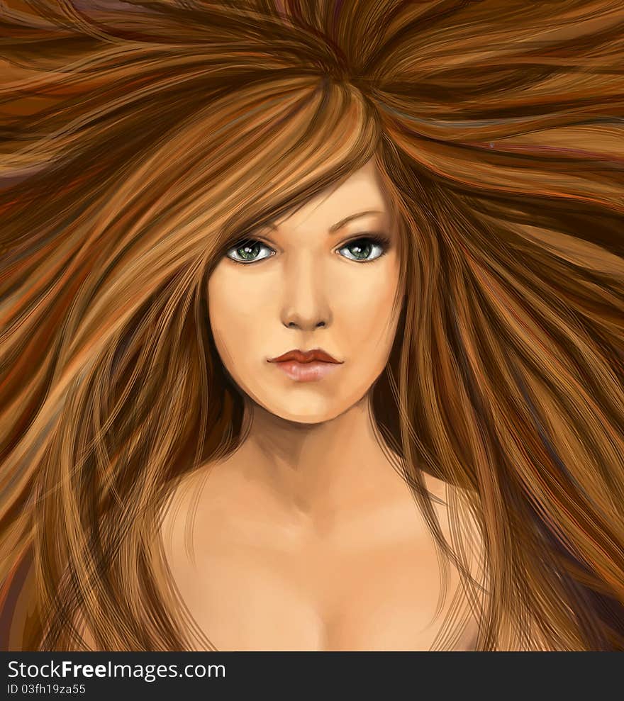 Young woman with long brunette hair, digital painting