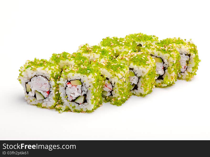 Set of crab rolls with green caviar and vegetables. Set of crab rolls with green caviar and vegetables