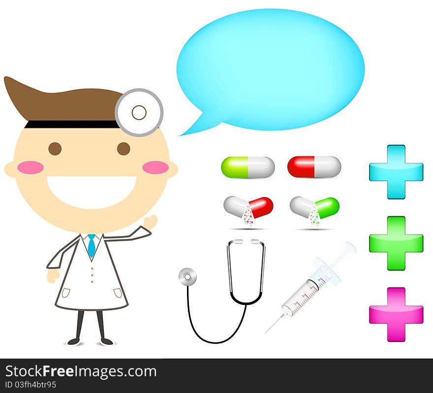 Cartoon doctor with tool drug and cross sign isolated on white background