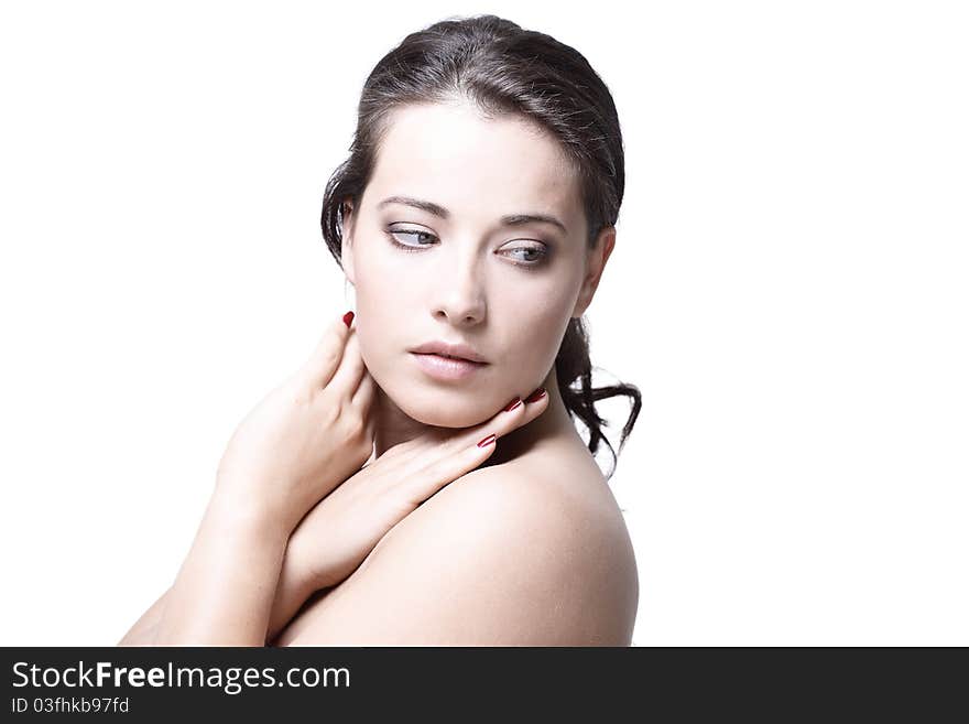 Portrait of beautiful female model on white background