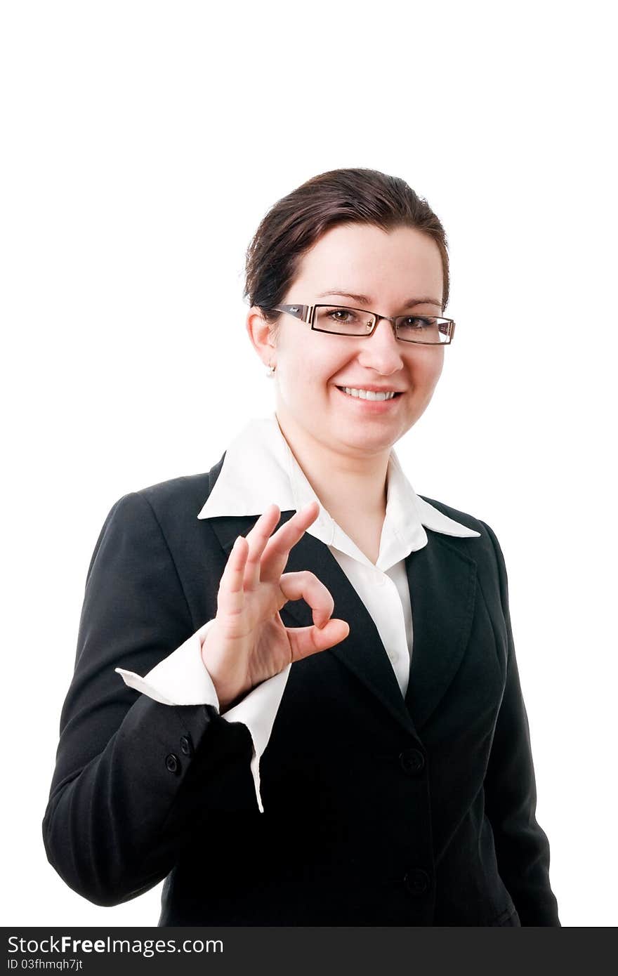 Young businesswoman indicating ok sign. Isolated over white background