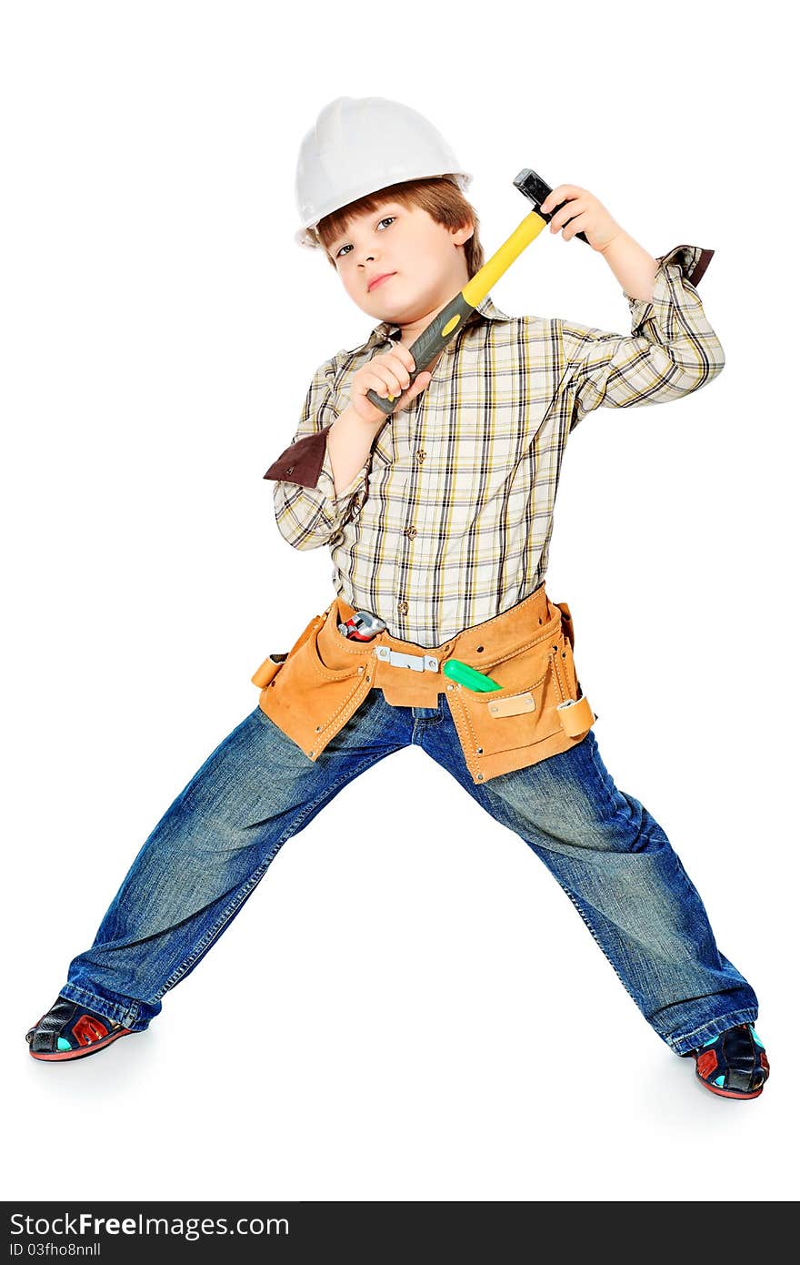 Little boy with helmet and tools. isolated on white. Little boy with helmet and tools. isolated on white.