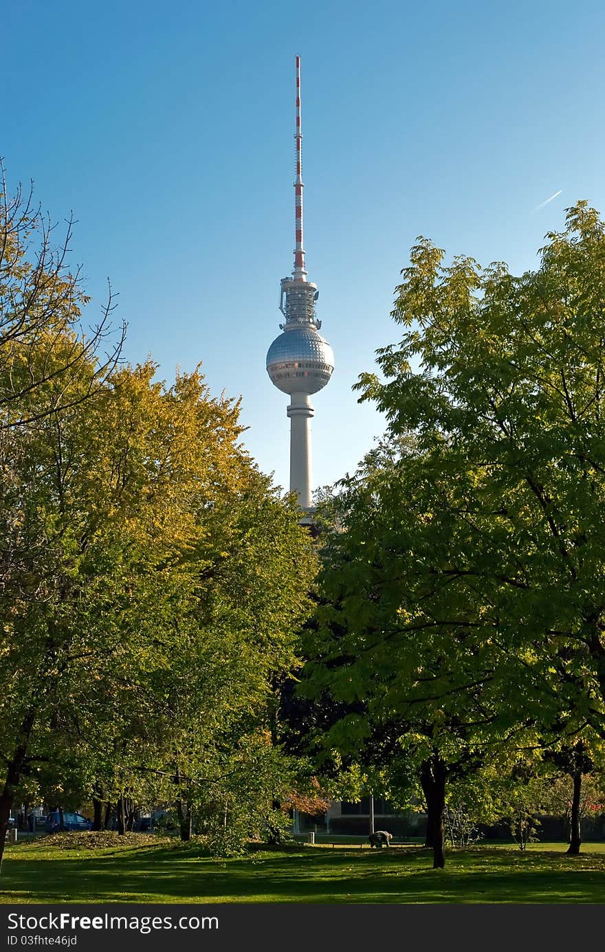 Berlin television tower between trees