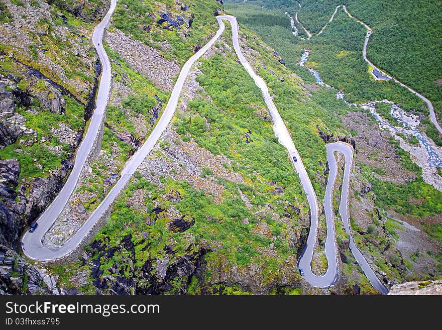 On the photo: Picturesque Norway mountain landscape. Trollstigen