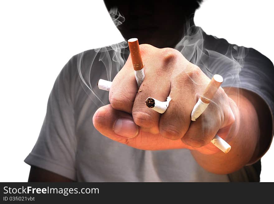 A man fist full with cigarette with isolated white background