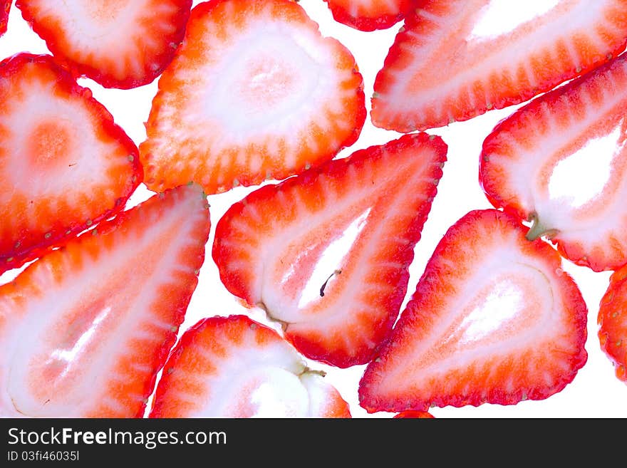 Strawberry background, closeup shot on white