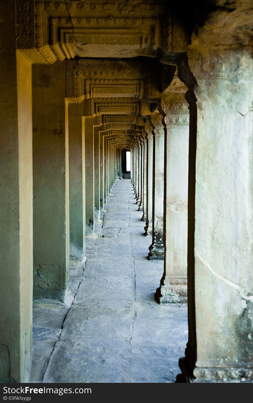 Ancient corridor at Angkor, Cambodia