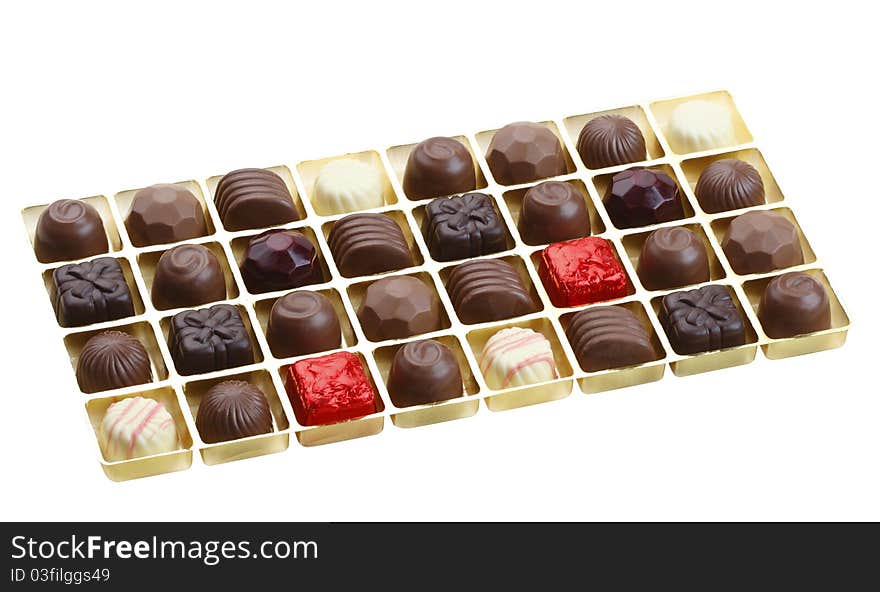 Sweet and beautiful chocolates variety flavor in a cute box isolated on white background. Sweet and beautiful chocolates variety flavor in a cute box isolated on white background