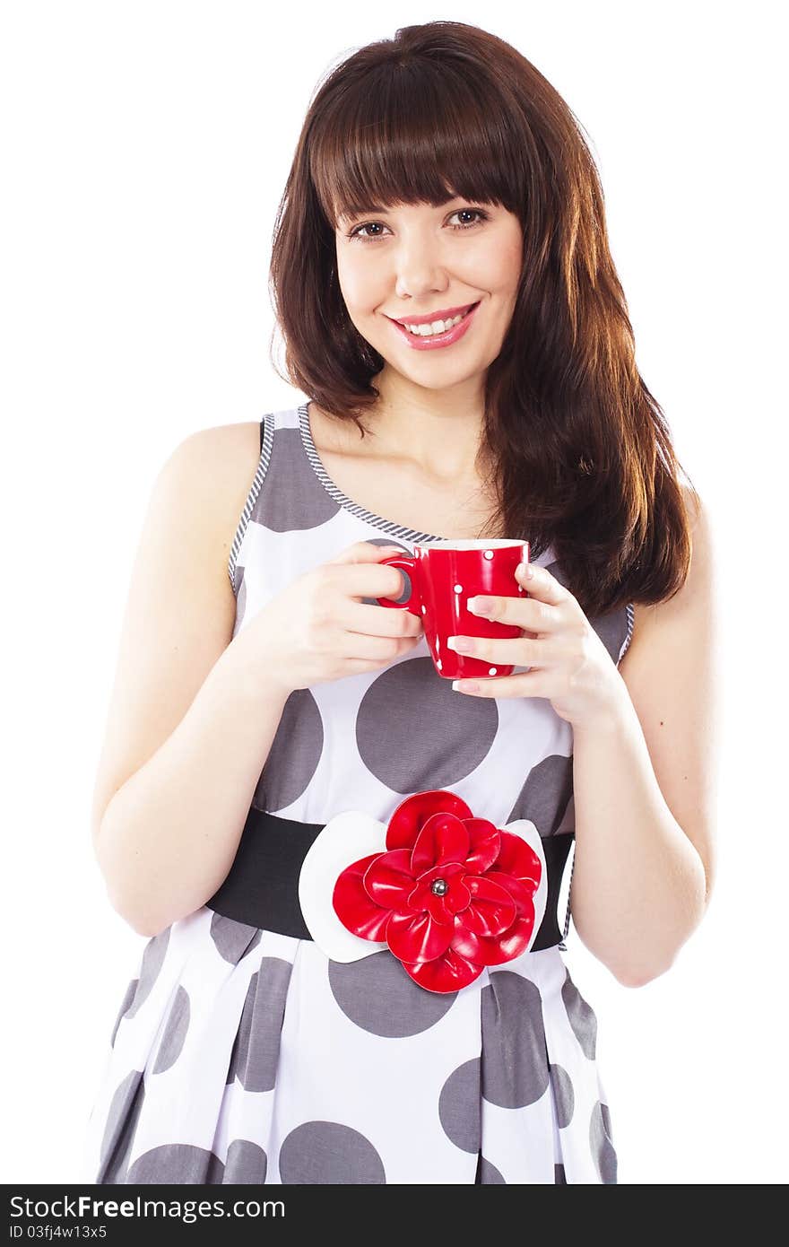 Beautiful lady with a cup of tea, white background