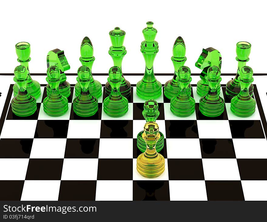 3d render transparent glass chess pieces. Isolated on white background.