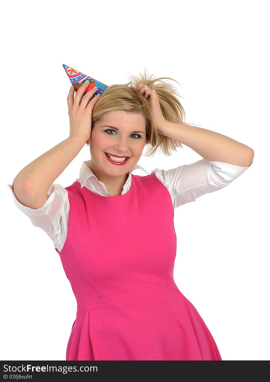 Pretty party female celebrating birthsday . isolated