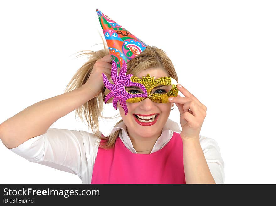 Pretty party female celebrating birthsday . isolated