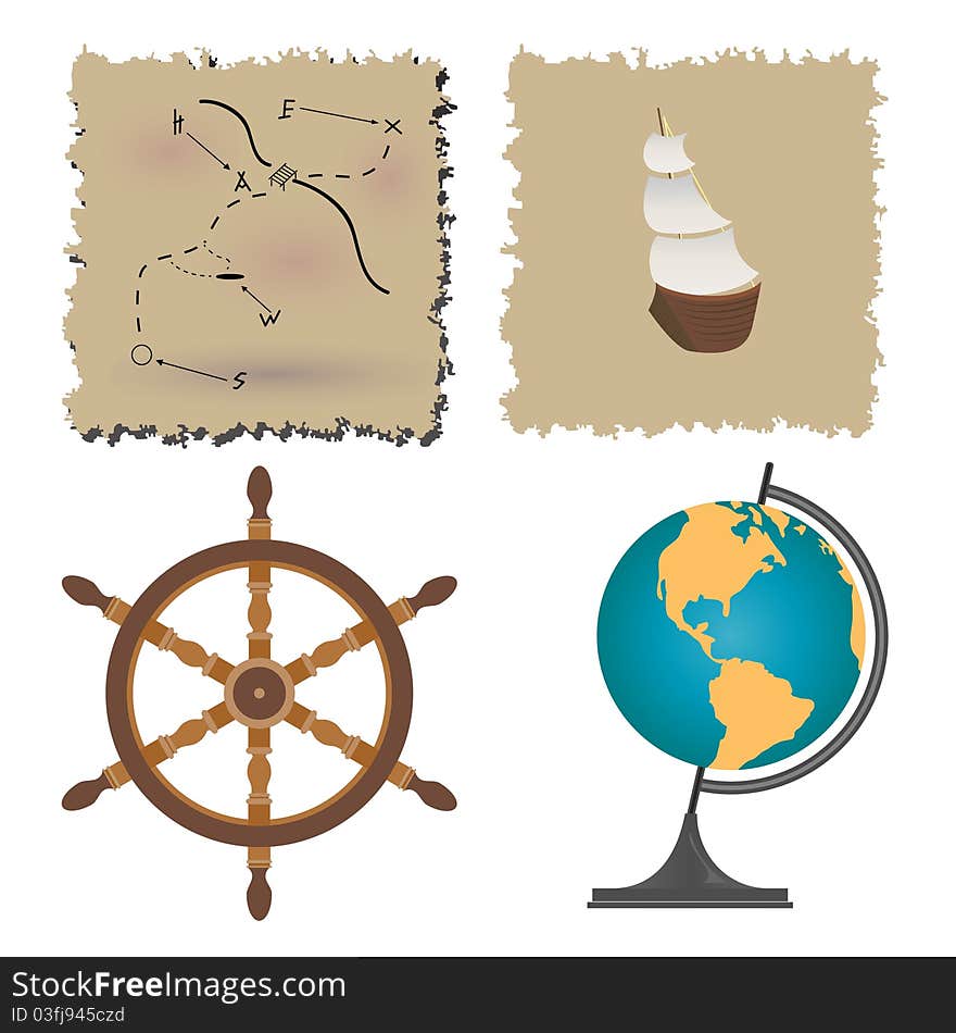 An old map showing a treasure. Ancient ship, steering wheel and the globe. An old map showing a treasure. Ancient ship, steering wheel and the globe.