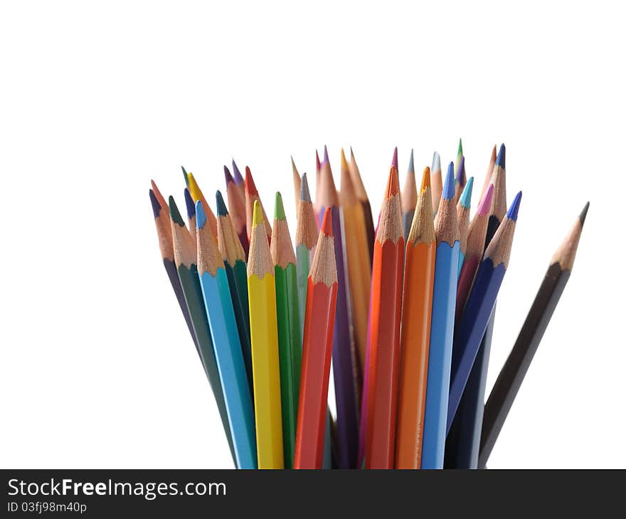 Many colorful school pencils isolated on white background