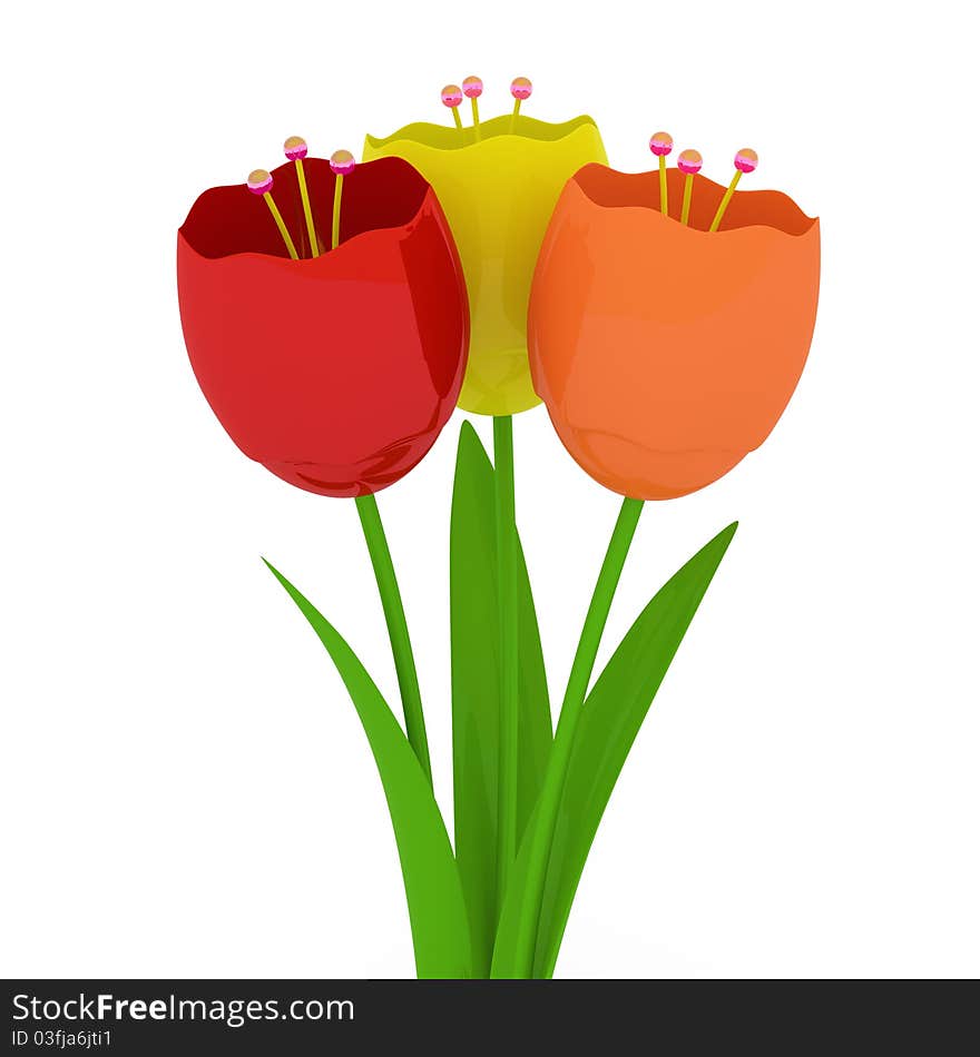 3d render colored tulips isolated on white