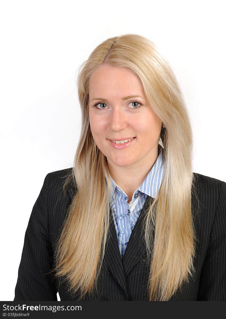 Business woman in black suit and shirt