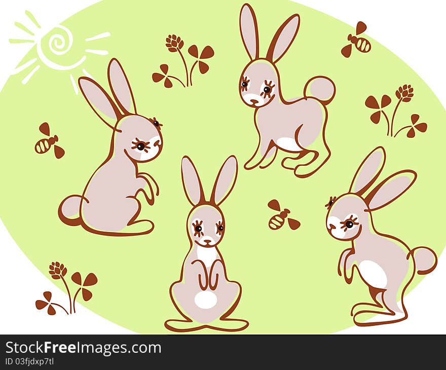 Collection Hares On A Green Background.