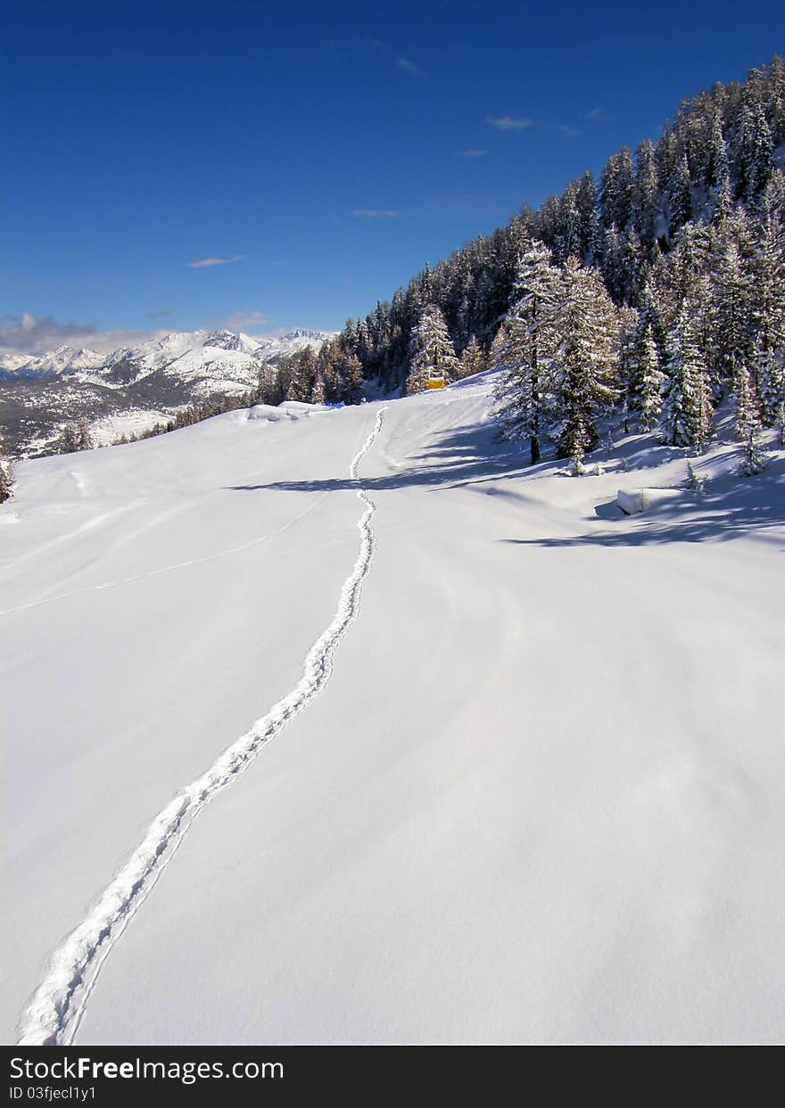 Footprints in the snow in the mountains