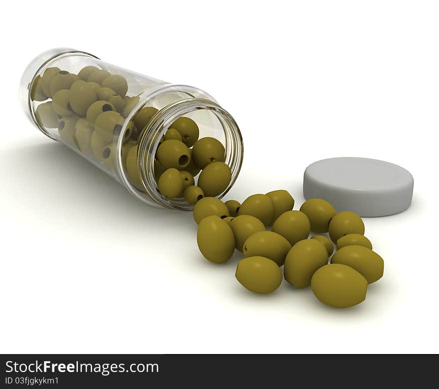 Green olives, spilling out of the jar, beautifully decayed