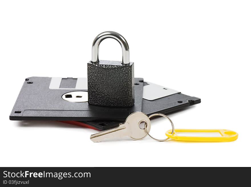 Floppy black disks on white background