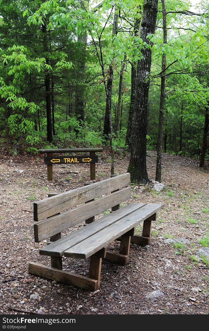 Hiking trail sign in the woods with rustic bench