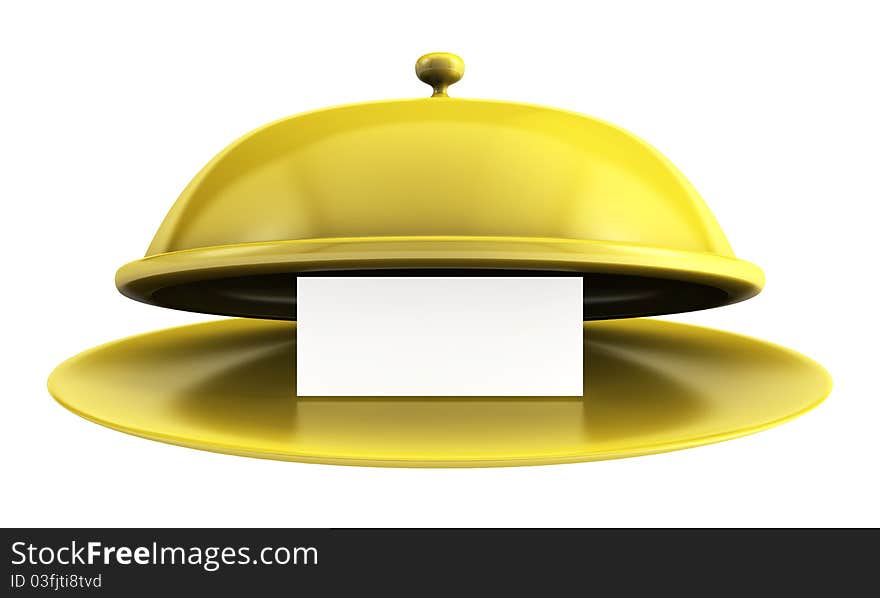 Open golden tray with blank card on a white background