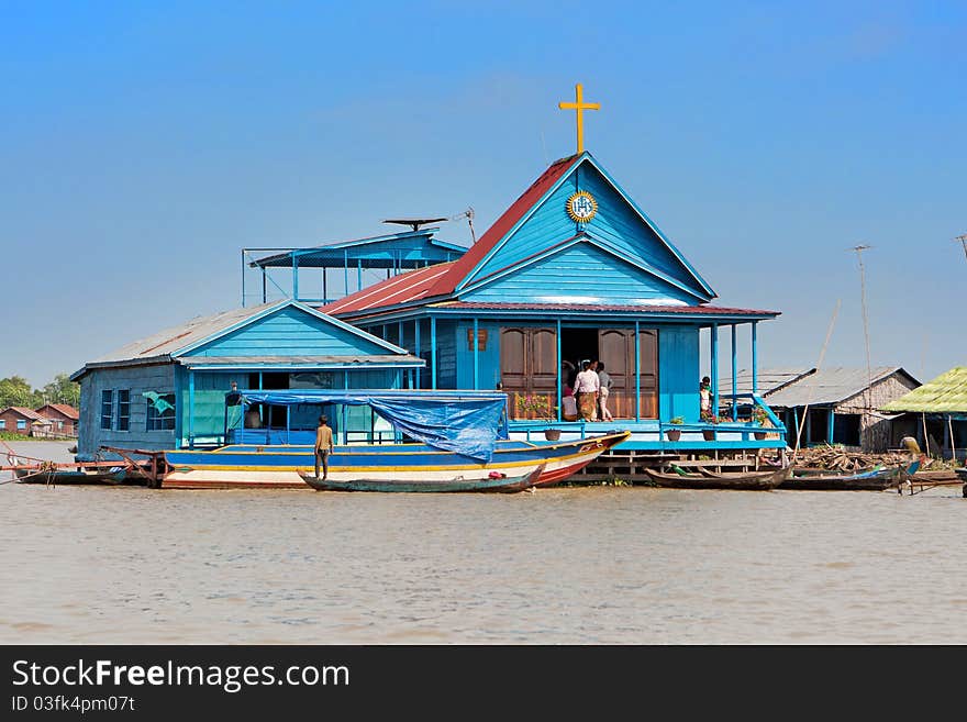 Swimming blue church, in a fishing village on the tonle sap lake, cambodia