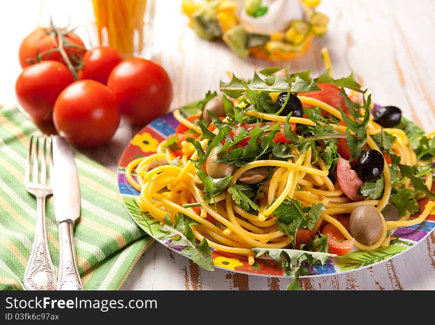 Spaghetti With Olives, Tomatoes And Herbs