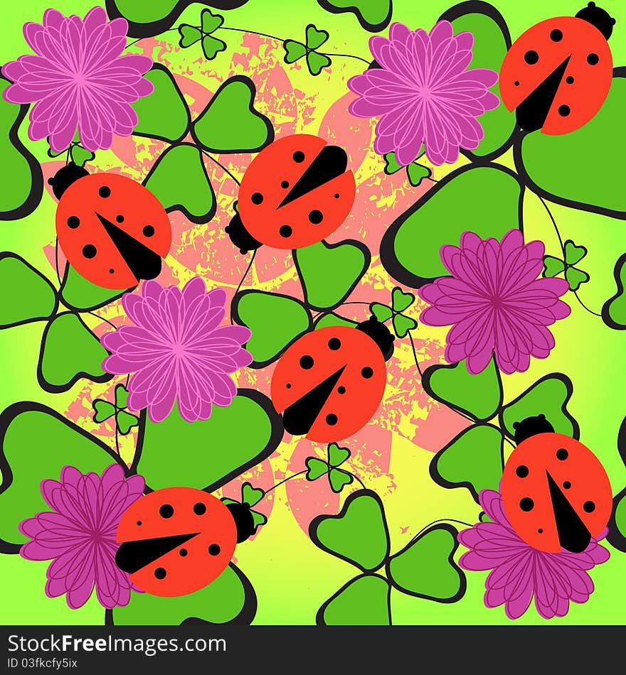 The seamless flower pattern with clover and ladybird. The seamless flower pattern with clover and ladybird