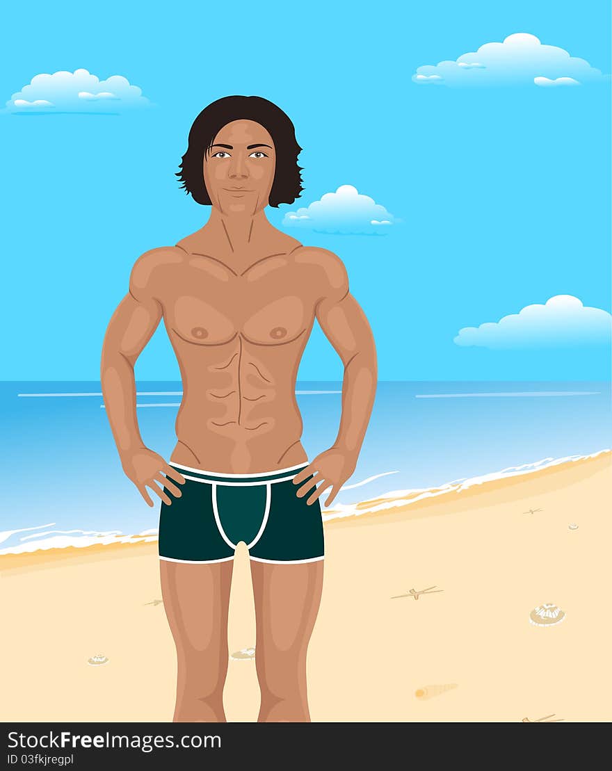 Illustration brawny man on beach - vector