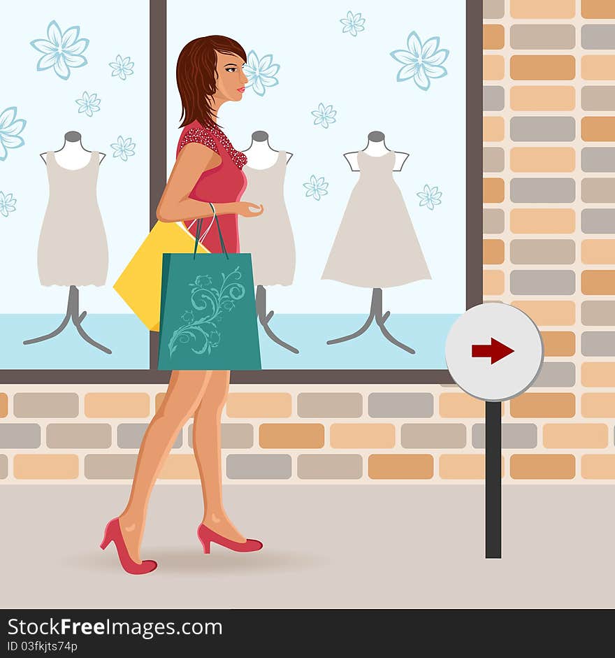 Illustration modern girl loaded with shopping bags - vector