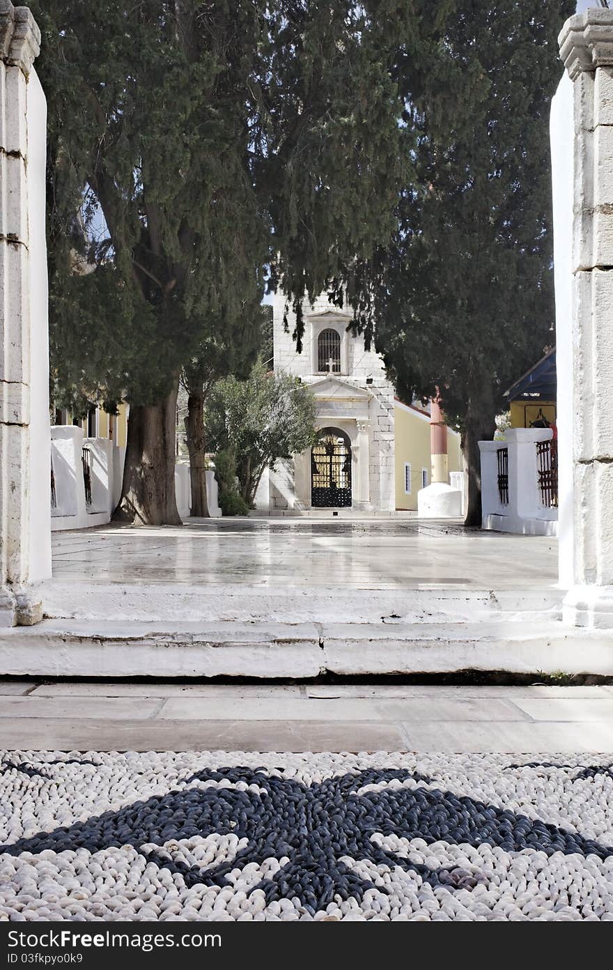 View of church in Symi near the harbor. View of church in Symi near the harbor