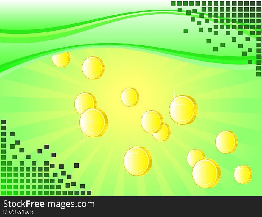 Financial success. Coins rained from the sky. Vector background of green. Financial success. Coins rained from the sky. Vector background of green.