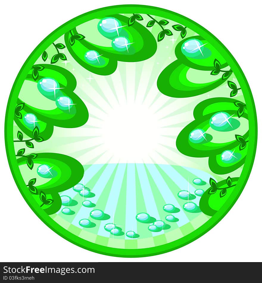 Morning freshness. Foliage covered with dew drops. Dawn. Nature. Spring. Vector background-round green. Morning freshness. Foliage covered with dew drops. Dawn. Nature. Spring. Vector background-round green.