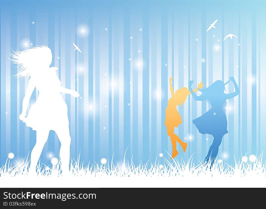 Three summer girls silhouettes enjoying summer, a stylish illustration that represents summer in a beautiful way. Eps version 8, contains gradients,solids, and small transparents for the  light blurs.