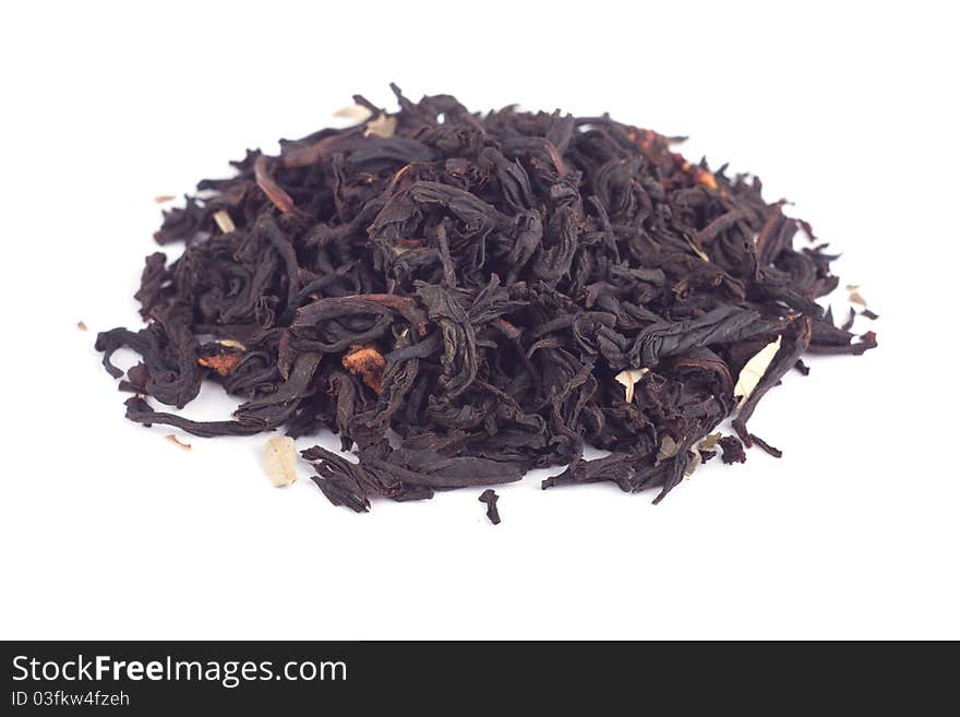 Heap of forest fruits tea isolated over white background.