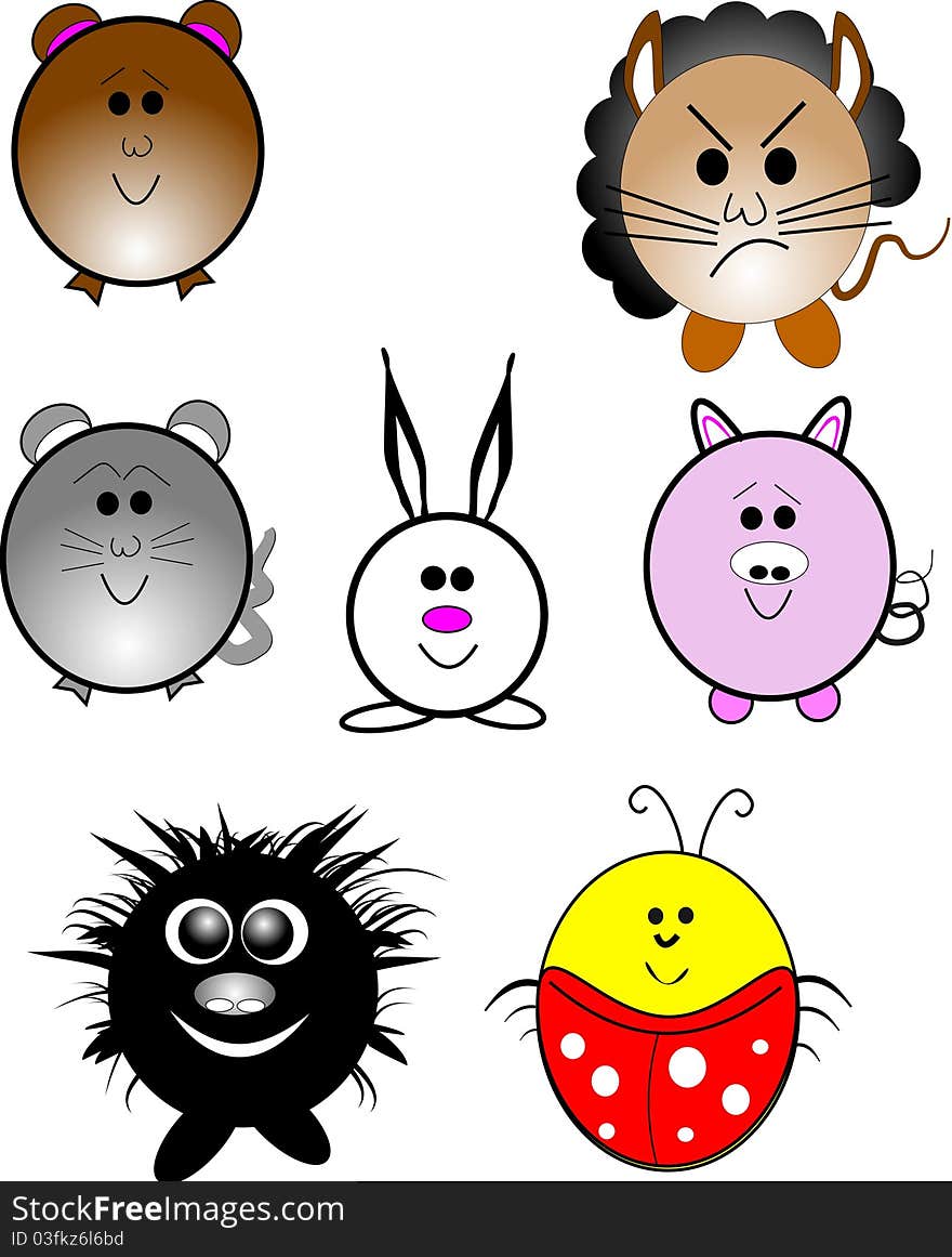 Cute cartoon characters on white in various animal faces. Cute cartoon characters on white in various animal faces