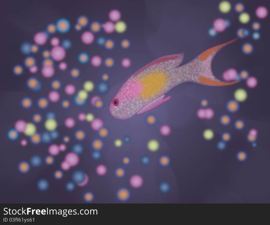 Colorful fish illustration on blurred background.