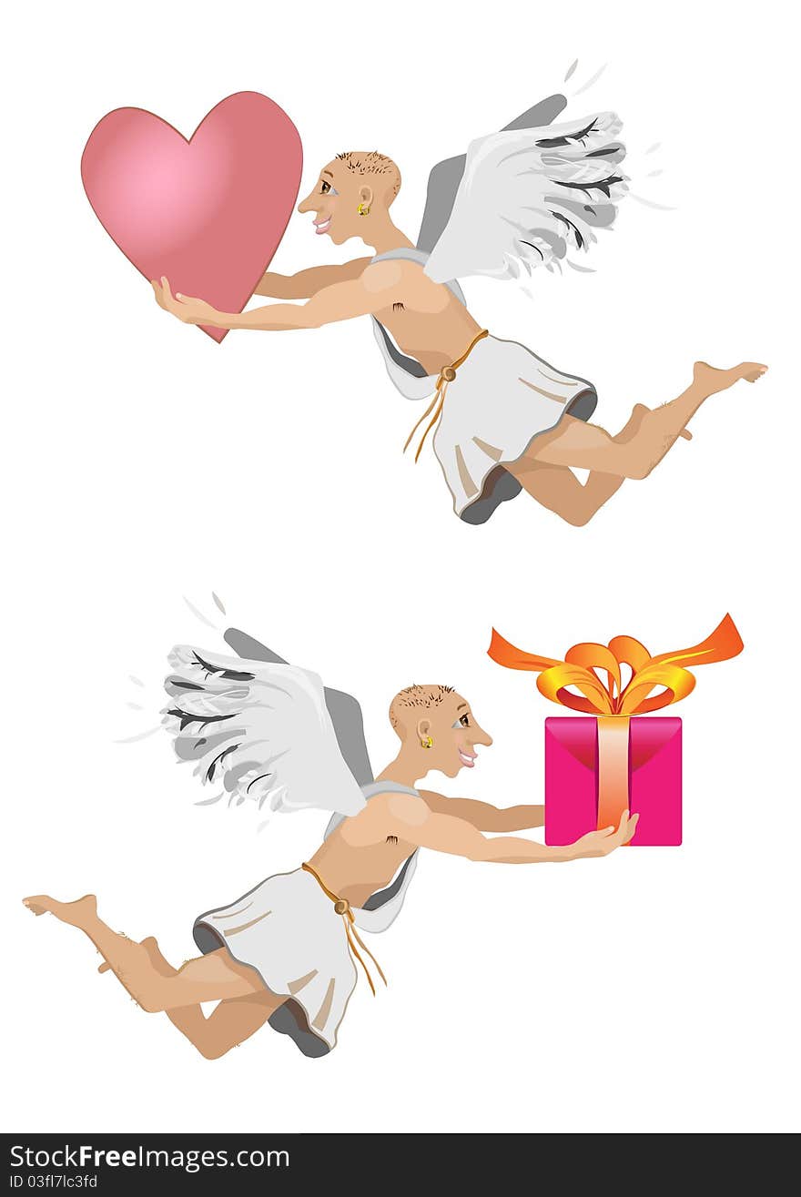 Flying angel with gift and heart