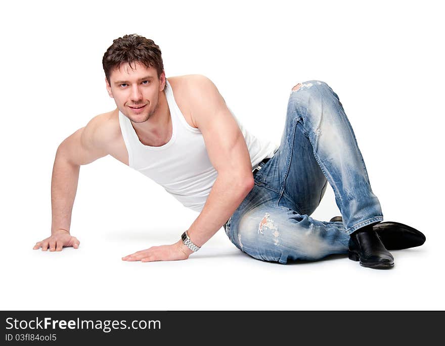 Man in jeans  is on an isolated background