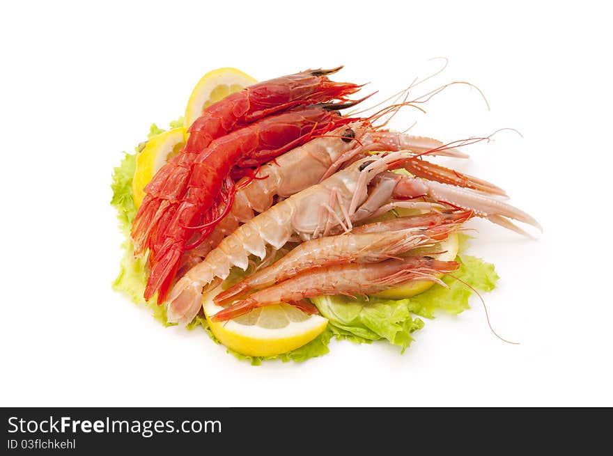 Mixed seafood over a bed of lettuce and lemon isolated on white background