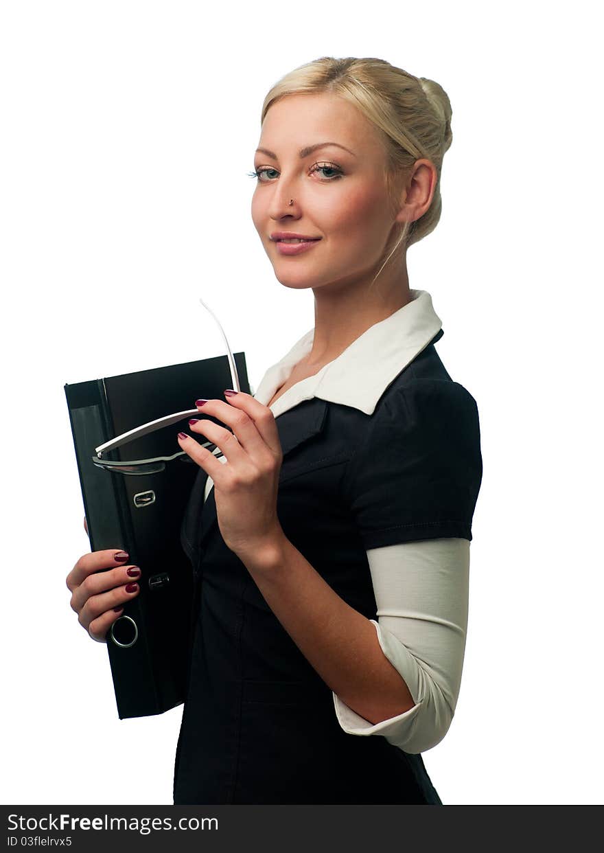 Female manager with glasses and a folder for documents